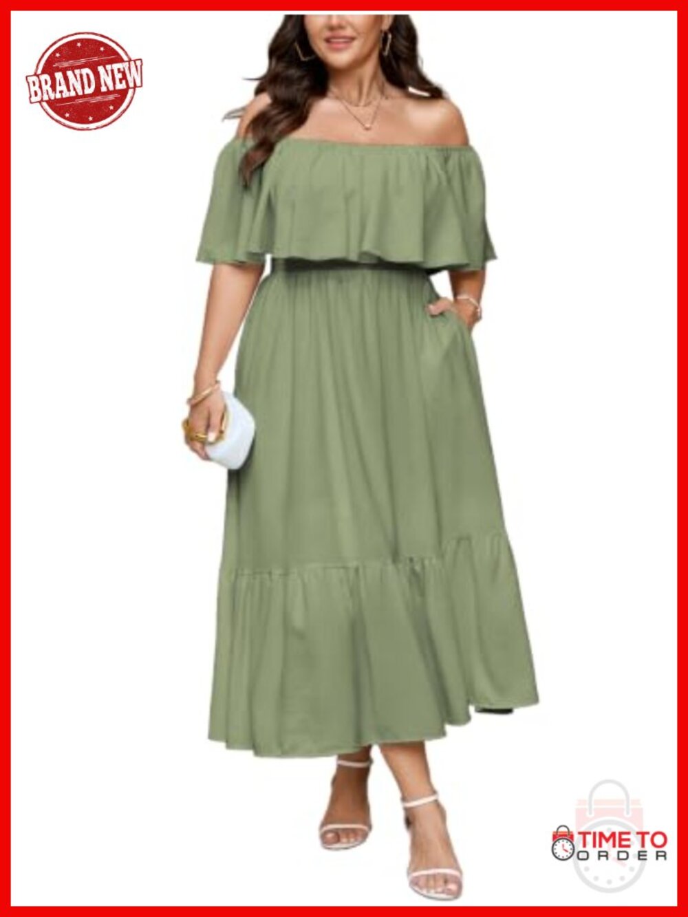 Plus Size Off Shoulder Smocked Waist Maxi Dress with Pockets